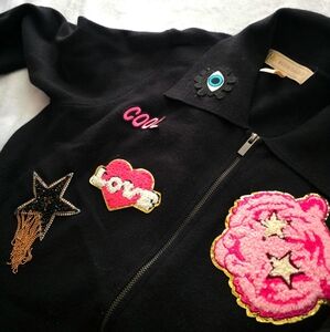 Black Zip Up Sweater with Colorful Patches